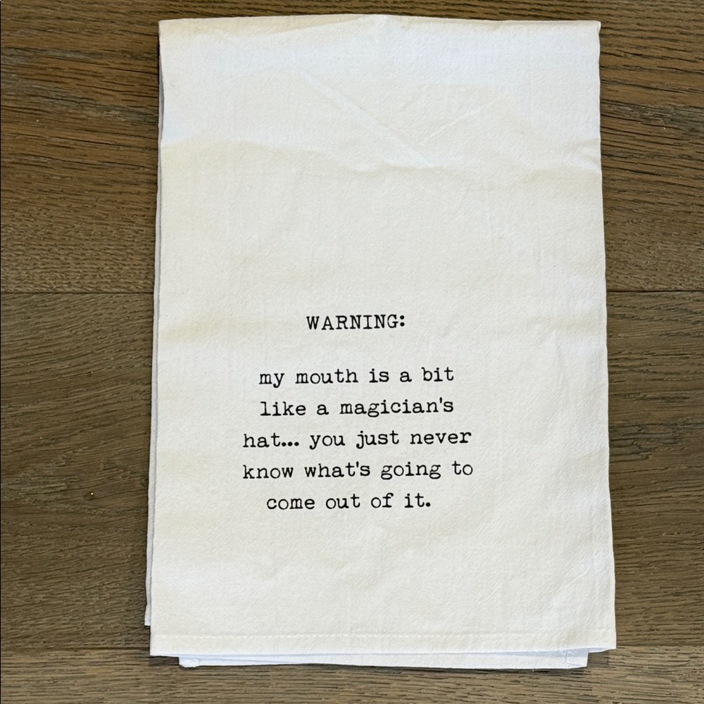 NWOT White Kitchen Towel with Fun Quote Linen Cotton 27”x27”
